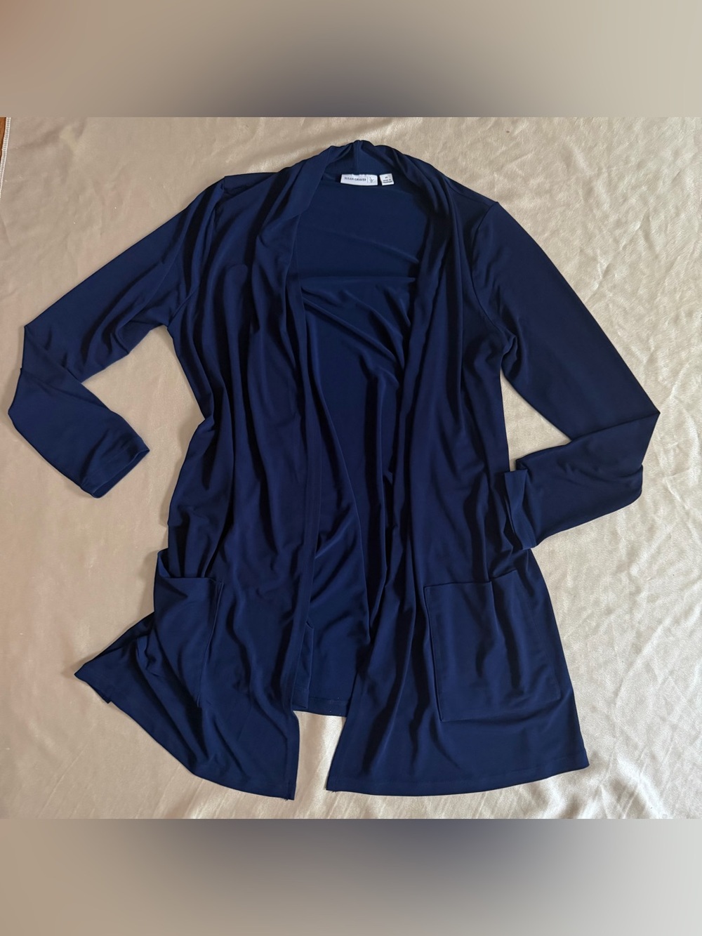 Susan Graver Navy Solid Open Front Long Sleeve Cardigan Pockets Size M a267217
